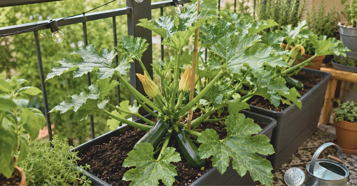 Balcon urbain ensoleillé avec plantions de courgettes