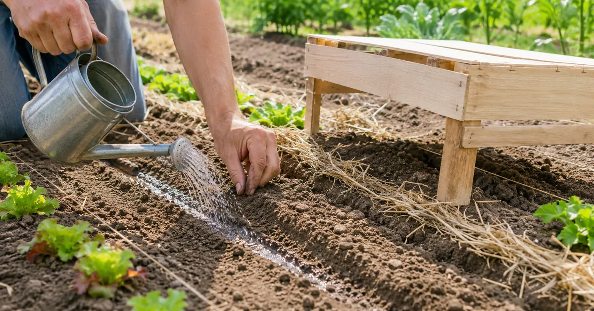 A gardener gently waters a row sheltered from the sun by a wooden crate.