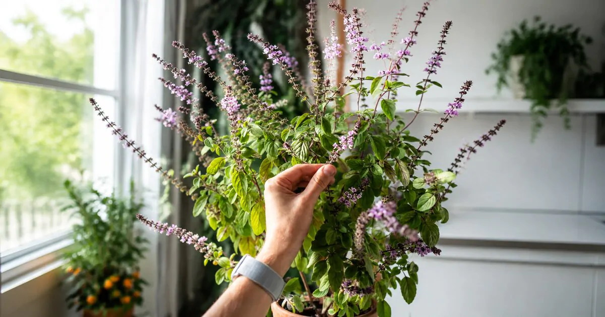 Person observing flowering basil buds near a window.