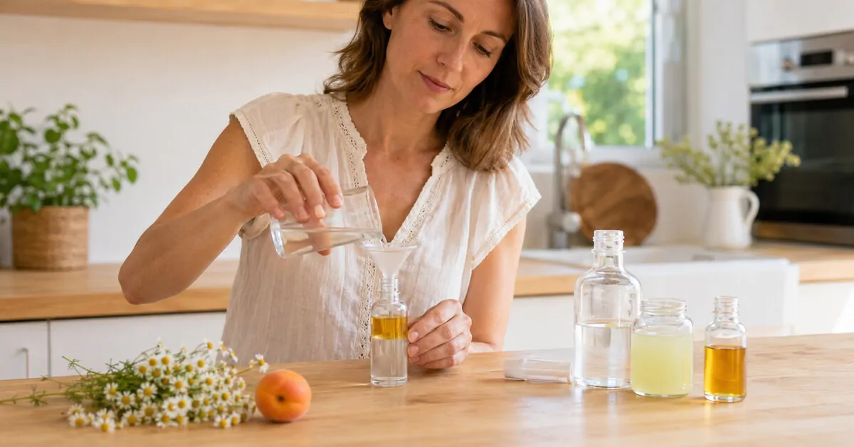 Femme préparant une brume biphasée à l'aloe vera, à la camomille et à l'huile de noyau d'abricot.