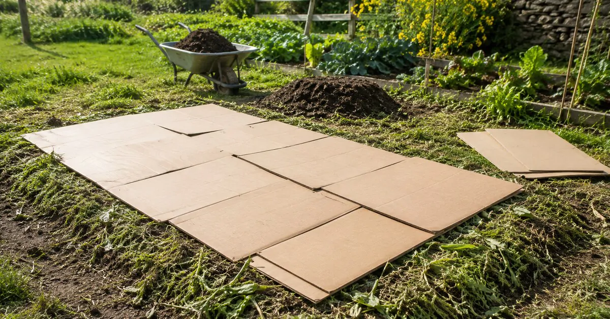 Brown cardboard laid in layers over cut vegetation to create a no-dig garden
