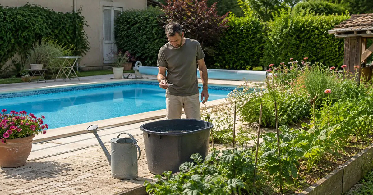 Homme contrôlant avec une bandelette l'eau de piscine laissée au repos avant d'arroser le jardin