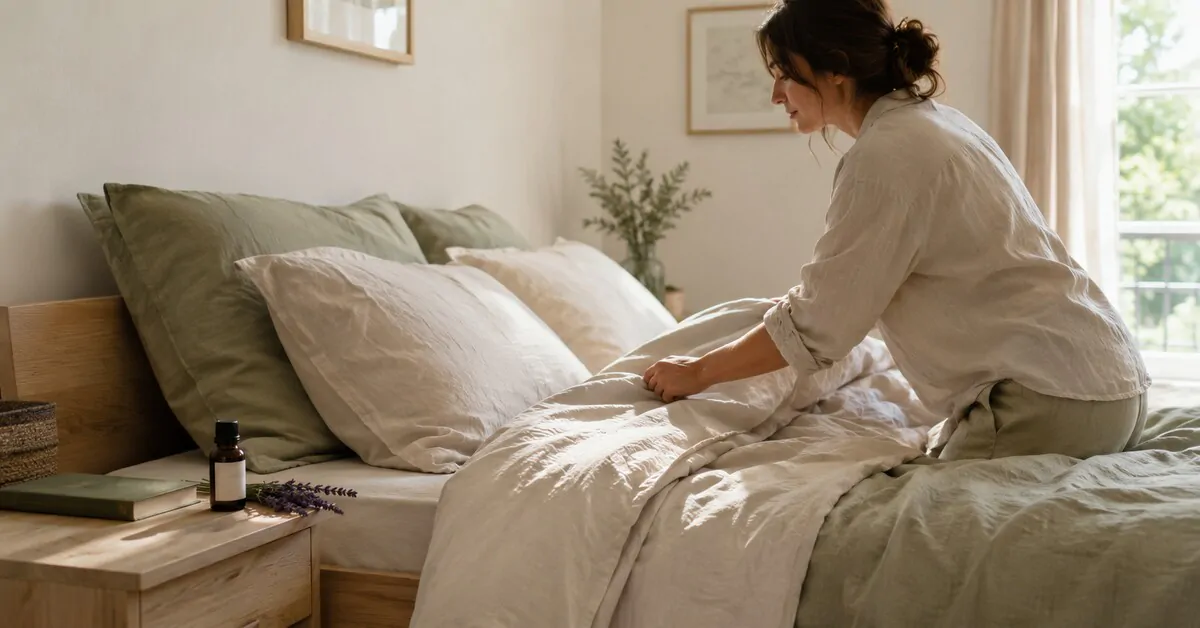 Femme préparant un lit en lin et coton bio, avec un flacon d'huile essentielle et des brins de lavande sur la table de chevet.