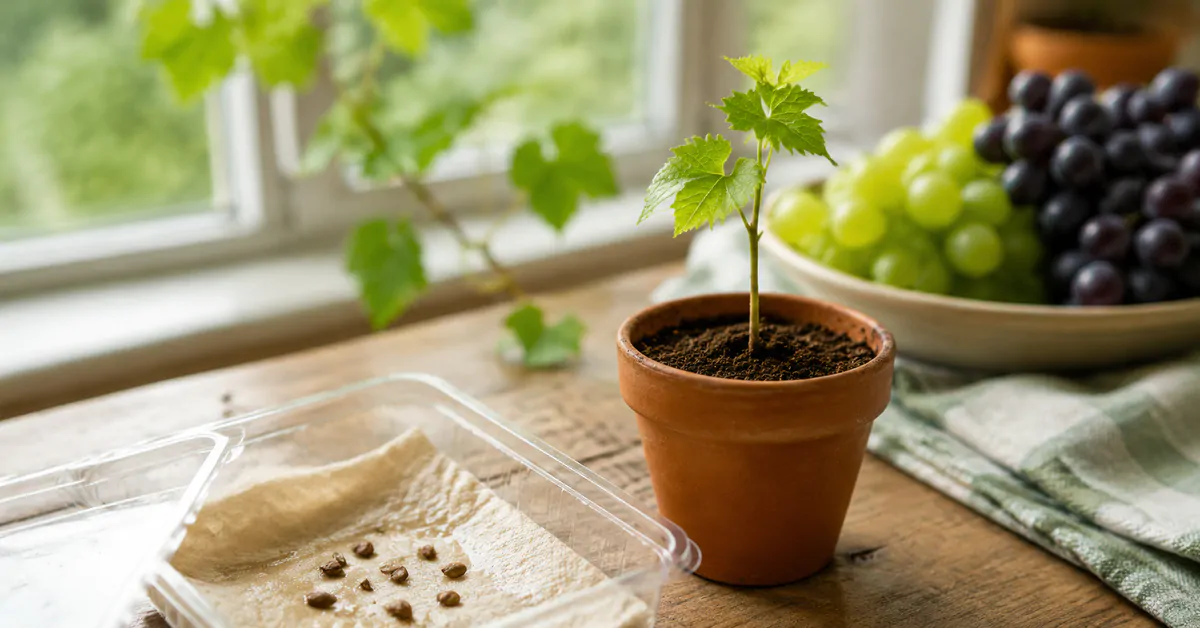 Grape seed germination and young vine in a pot near a window