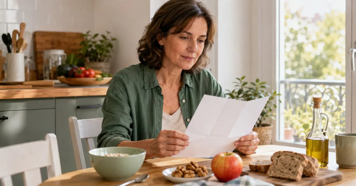 Femme consultant les résultats de son bilan de cholestérol dans une cuisine lumineuse, devant un petit-déjeuner équilibré