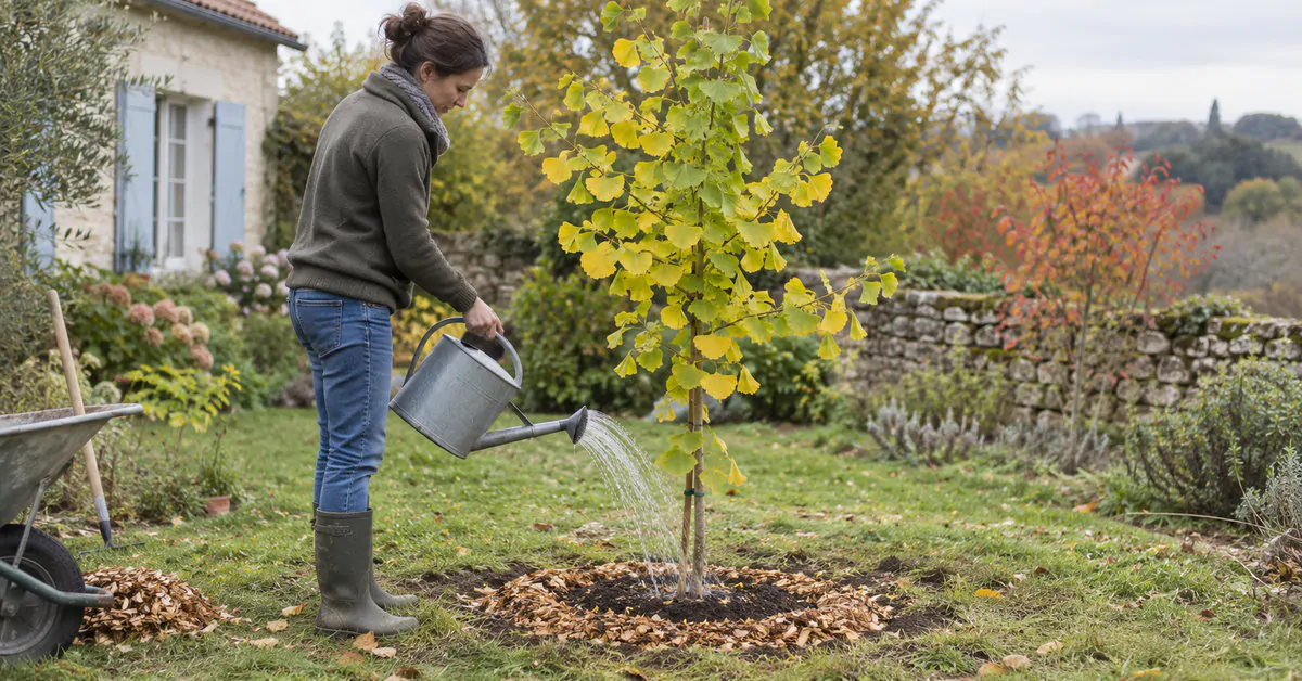 Un jeune ginkgo fraîchement planté, arrosé au pied.