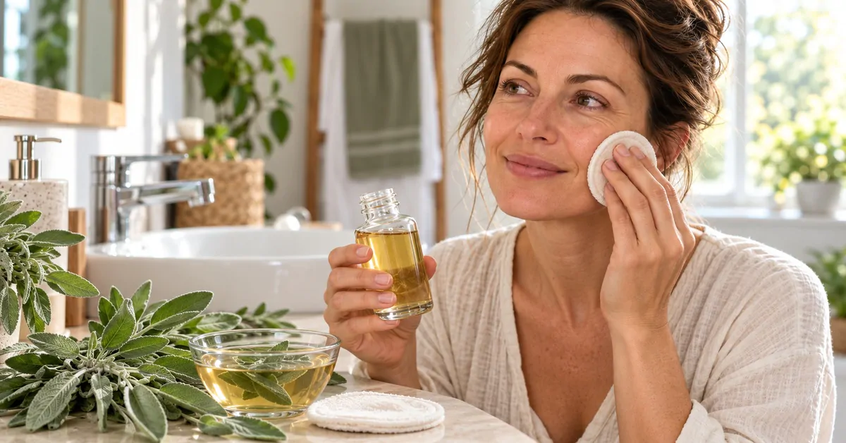 Femme appliquant une lotion à la sauge sur son visage avec un coton lavable, près de feuilles fraîches et d'un bol d'infusion.