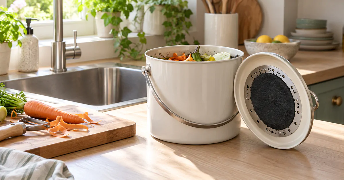 Seau à biodéchets sur un plan de travail, avec son filtre à charbon visible sous le couvercle, près d'un évier et d'épluchures de légumes.