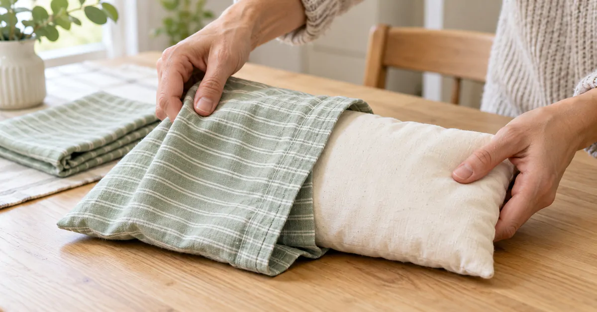 Mains retirant une housse lavable vert sauge d'une bouillotte sèche en coton écru sur une table en bois.