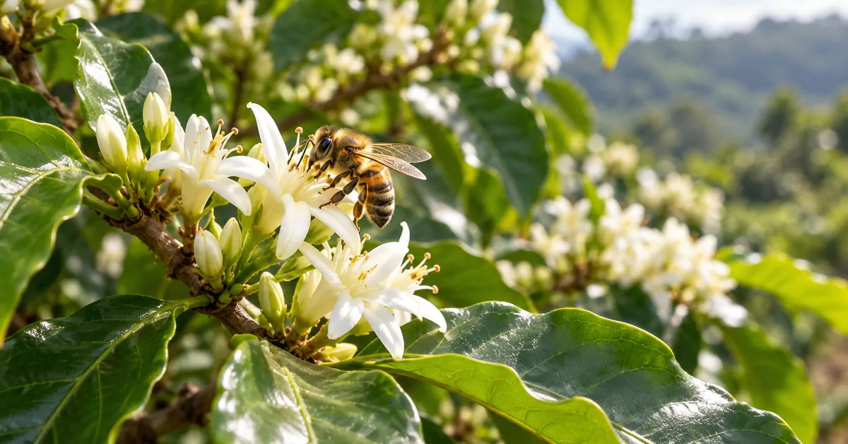 Bees foraging on coffee flowers, with green leaves around.